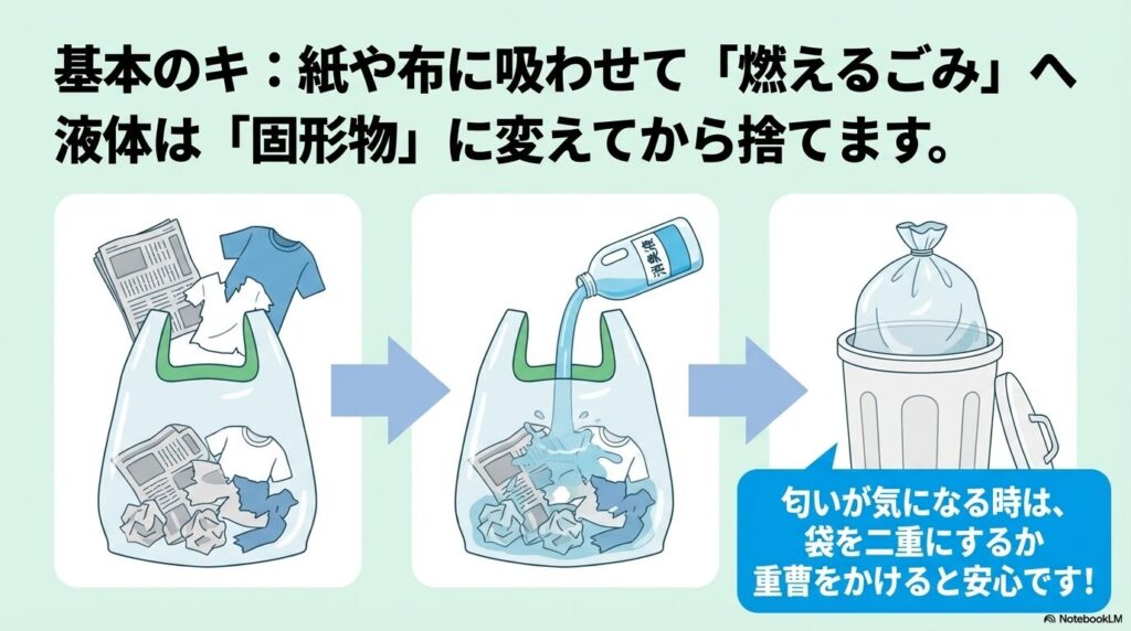 液体消臭剤の基本的な捨て方として、紙や布に吸わせて「燃えるごみ」として出す手順を説明しています。
