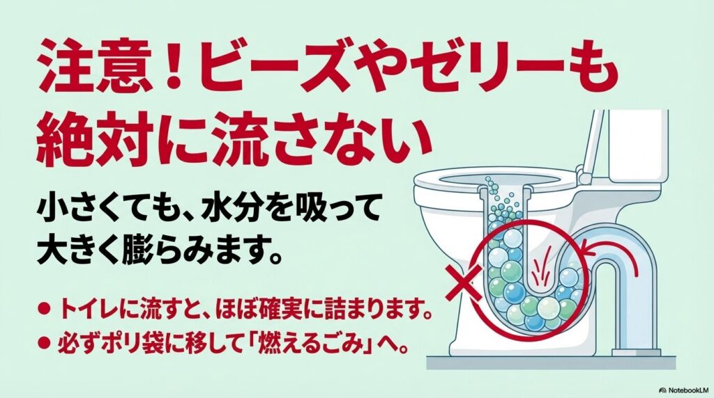 ビーズやゼリータイプの消臭剤は水分で膨らむため、絶対にトイレなどの排水口に流してはいけないと警告しています。