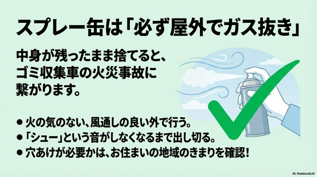 スプレー缶の捨て方について、火災防止のために必ず屋外でガスを抜き切るよう注意を促しています。