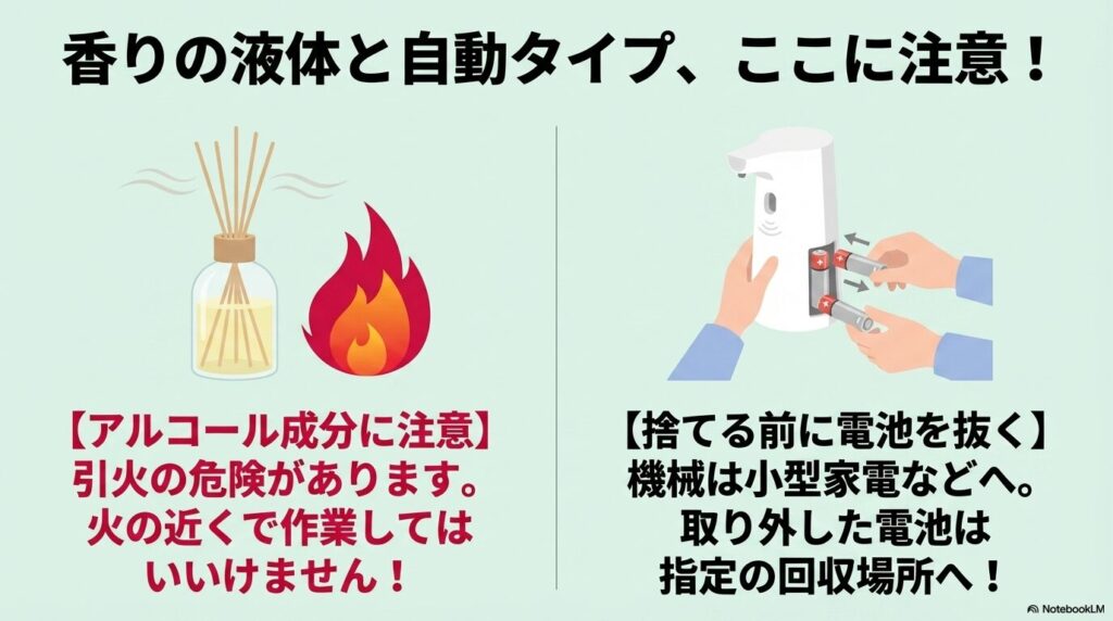 液体タイプの引火リスクと、自動タイプの電池の取り外しに関する注意点を説明しています。