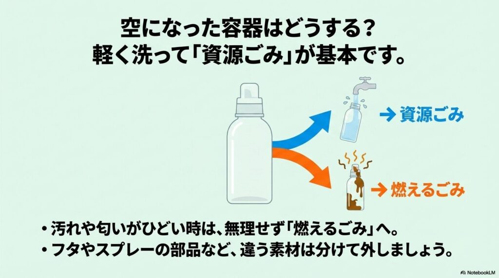 空になった容器の捨て方として、基本は洗って資源ごみへ、汚れが酷い場合は燃えるごみへ出すよう説明しています。