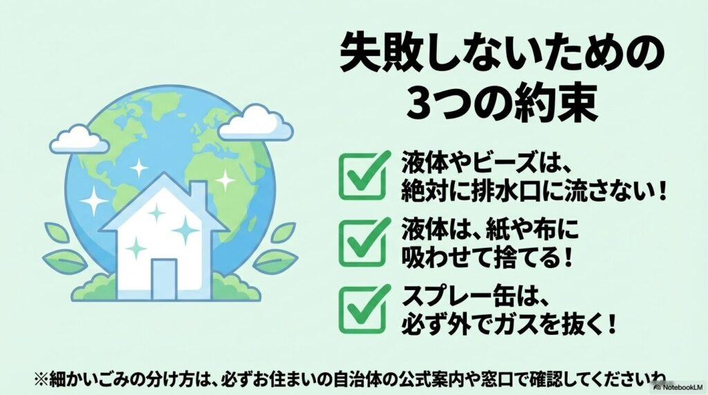 消臭剤の処分における3つの重要な約束事項をまとめ、自治体のルール確認を推奨しています。