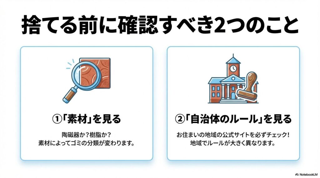 ベランダタイルを捨てる前に確認すべき、素材と自治体のルールの2点について説明。