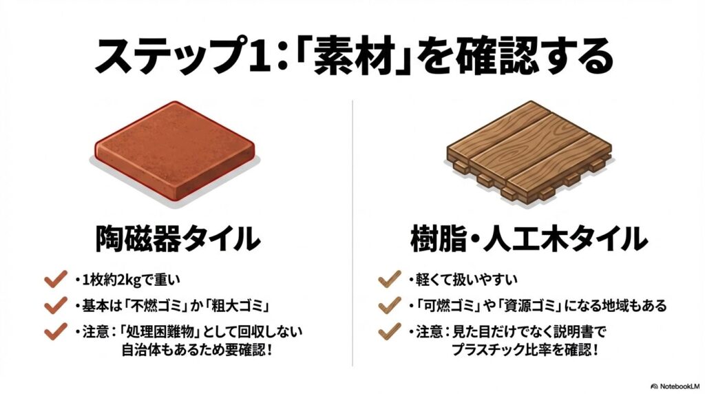 陶磁器タイルと樹脂・人工木タイルの特徴と処分時の注意点を比較。