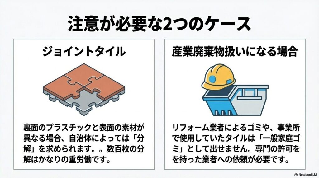 分解が必要なジョイントタイルと、産業廃棄物扱いになるケースの2つの注意点。