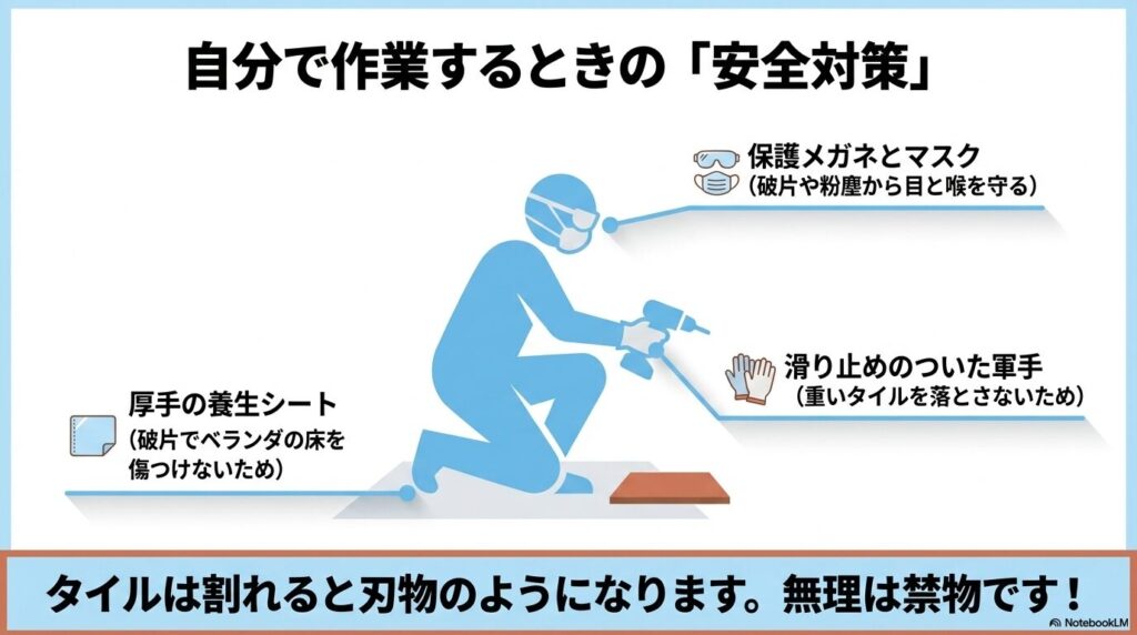 タイル処分を自分で行う際の、保護メガネ、軍手、養生シートなどの安全対策。