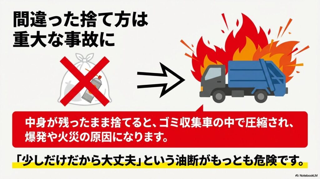 中身の残ったスプレー缶をそのまま捨てると、ゴミ収集車での爆発や火災の原因になるという警告。