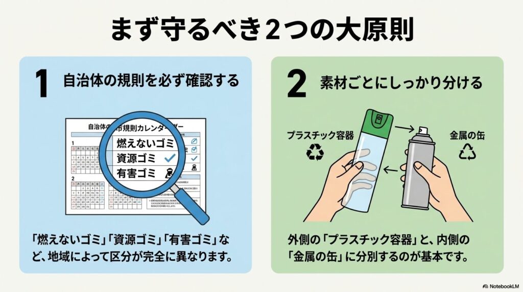 殺虫剤を捨てる際の大原則である「自治体の規則確認」と「素材ごとの分別」の2点について。