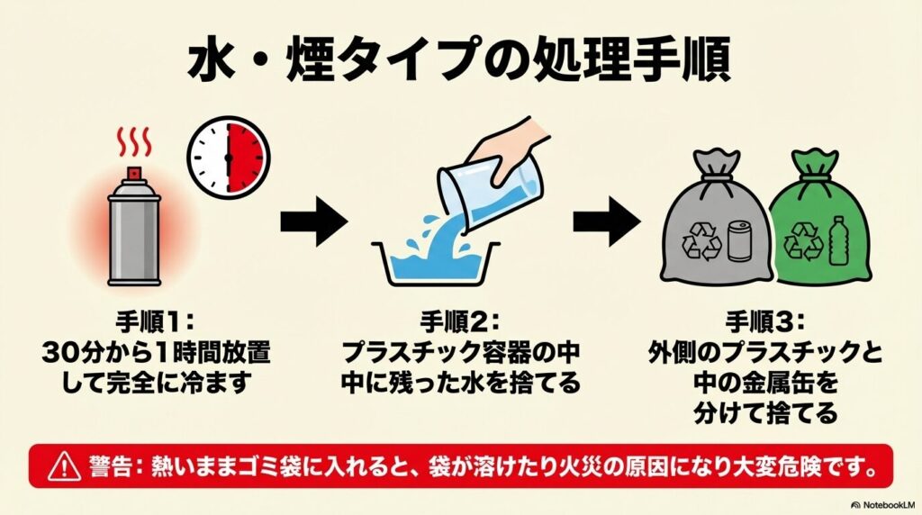 水・煙タイプ殺虫剤の3段階の処理手順：冷却、残水の廃棄、素材ごとの分別。