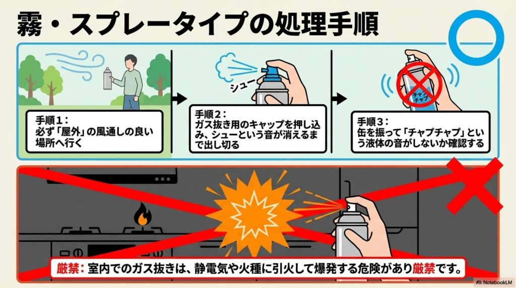 霧・スプレータイプの処理手順：屋外でのガス抜きと中身の確認、および室内作業の厳禁について。
