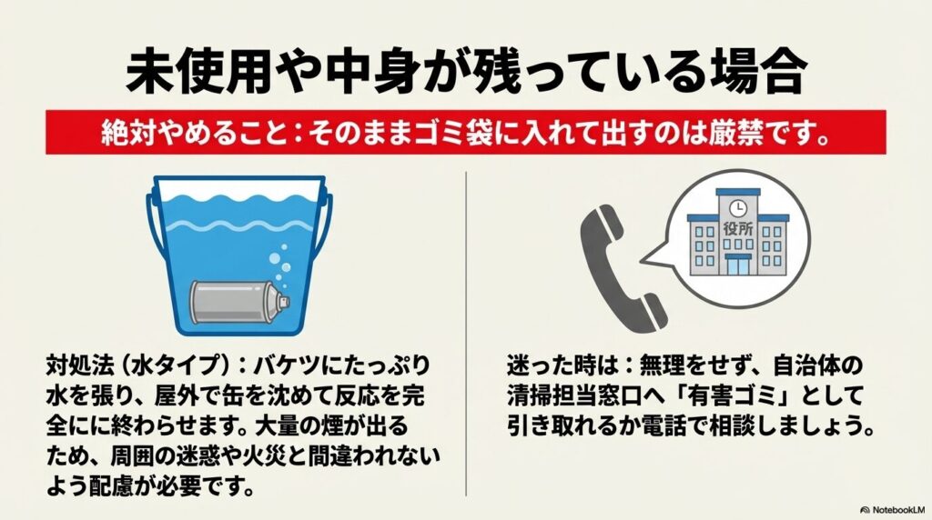 未使用や中身が残った殺虫剤の対処法：水タイプは水没させ、迷う場合は自治体に相談。