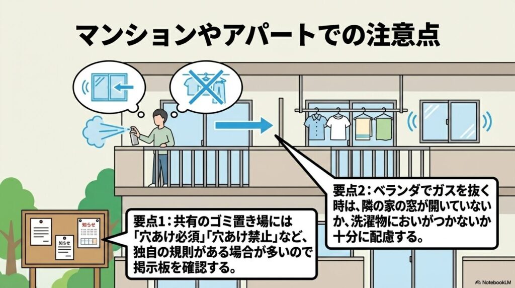 マンションやアパートで殺虫剤を捨てる際の注意点：ゴミ置き場の規則確認と近隣への配慮。