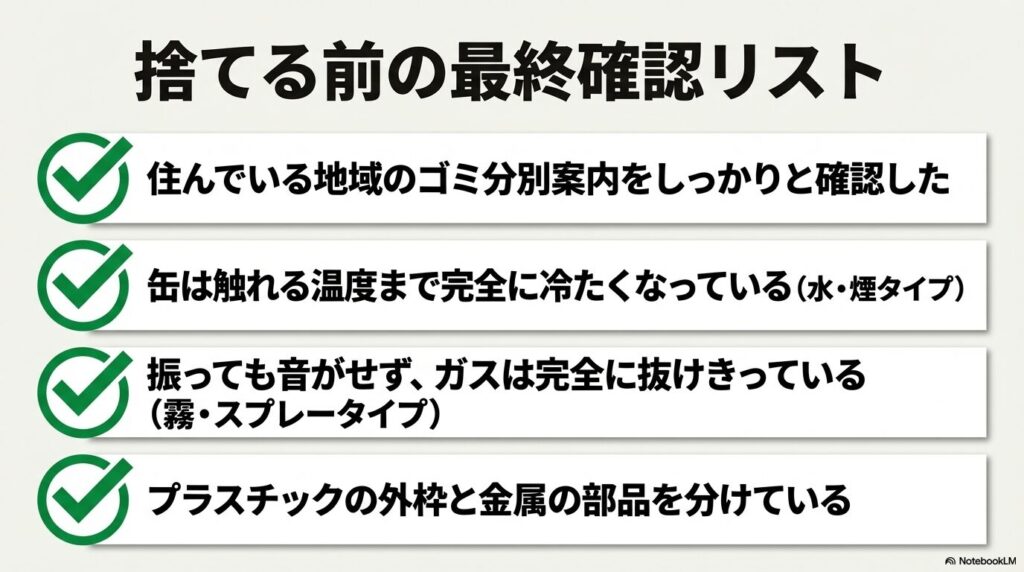 殺虫剤を捨てる前に確認すべき、自治体の案内、温度、ガスの有無、分別の4項目。