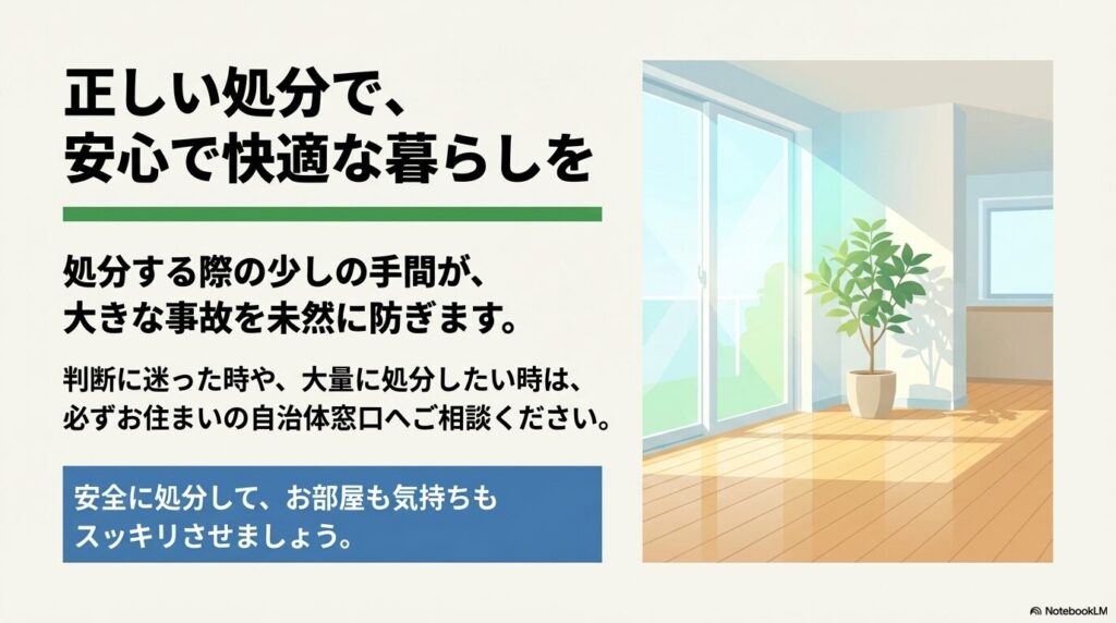 正しい処分方法を守ることで事故を防ぎ、迷った場合は自治体へ相談するよう促す結びの言葉。