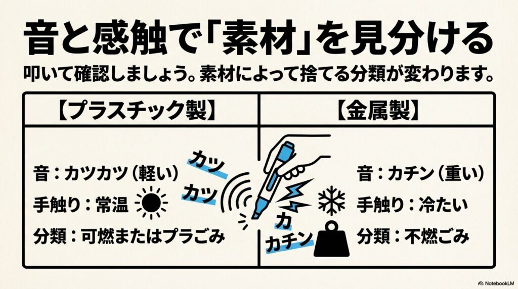 音と感触でペンの素材がプラスチックか金属かを見分け、ゴミの分別を判断する方法。