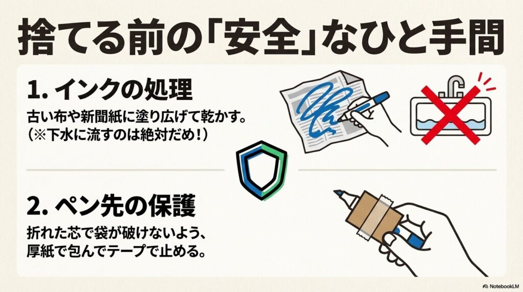 ペンを捨てる前の安全な処置として、インクの乾燥とペン先の保護方法を説明。