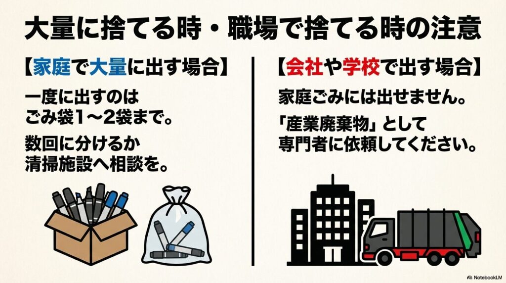家庭での大量処分時の注意点と、職場・学校での産業廃棄物としての処分ルールの違い。
