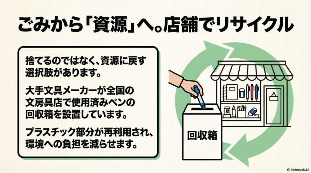 文房具店に設置された回収箱を利用して、ペンのプラスチック部分をリサイクルする案内。