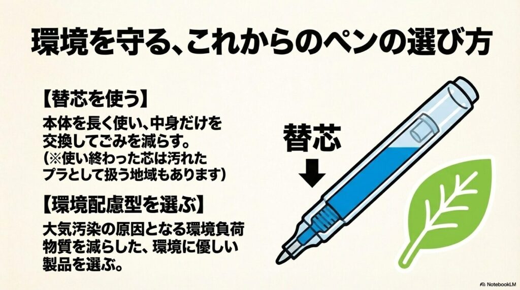 替芯の活用や環境配慮型製品の選択など、環境に優しいペンの選び方の紹介。