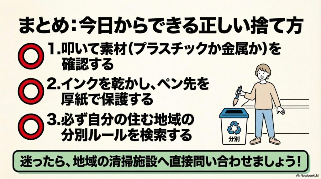 油性ペンの正しい捨て方のまとめと、迷った際の清掃施設への問い合わせの推奨。