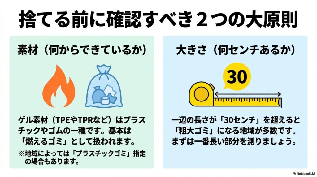 ゲルクッションを捨てる前に確認すべき素材の分類とサイズの基準という、処分における2つの大原則について解説しています。