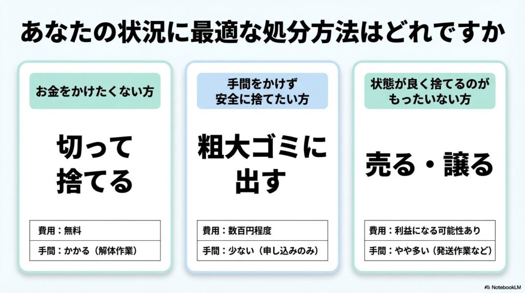 費用や手間に応じて「切って捨てる」「粗大ゴミ」「売る・譲る」の3つの処分方法を比較・提案しています。