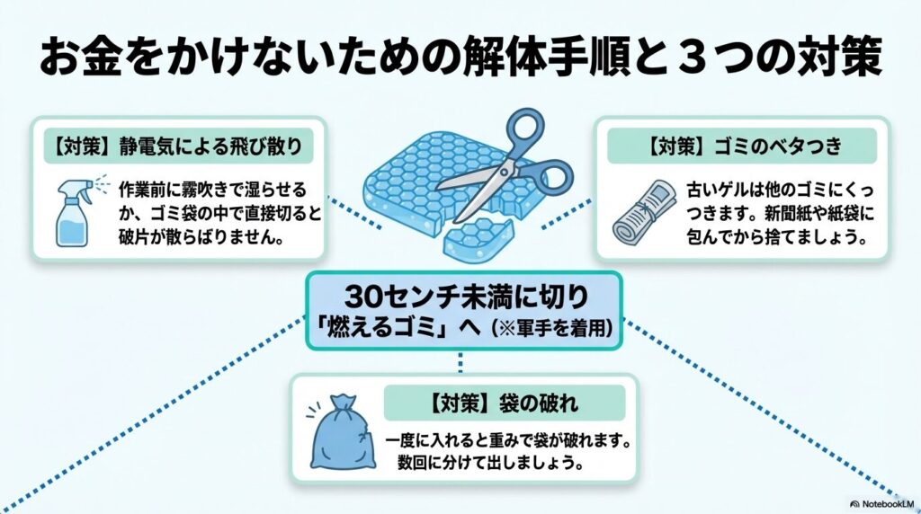 費用をかけずにゲルクッションを解体して捨てる手順と、静電気やベタつきを防ぐ3つの対策を紹介しています。