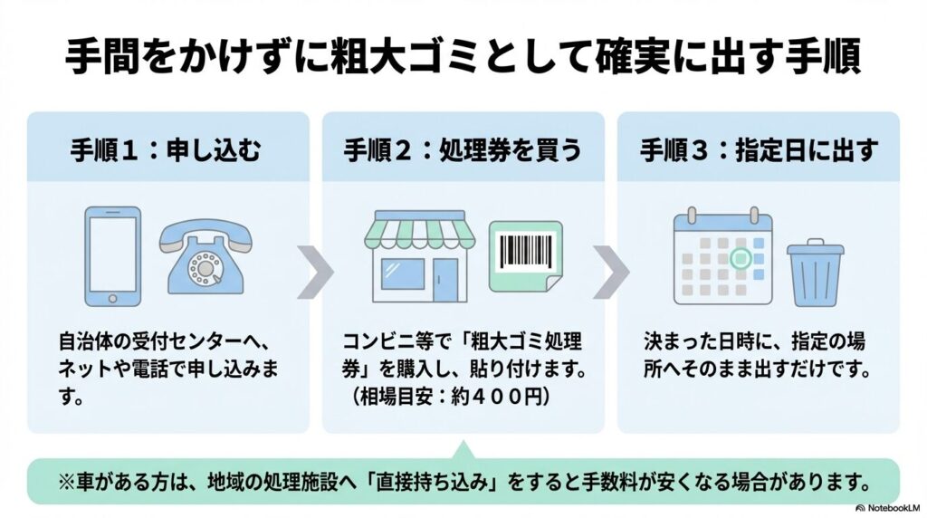粗大ゴミとして出す場合の、申し込みから排出までの3つの手順と、直接持ち込みによる節約方法を説明しています。