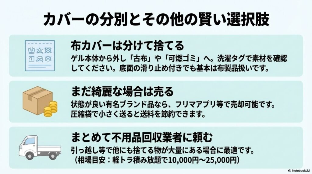 布カバーの分別方法に加え、フリマアプリでの売却や不用品回収業者の利用といった賢い選択肢を紹介しています。