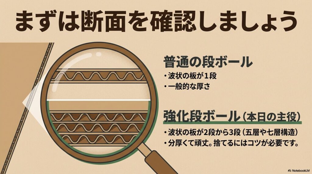 段ボールの断面を確認し、普通の段ボールと強化段ボールを見分ける方法。