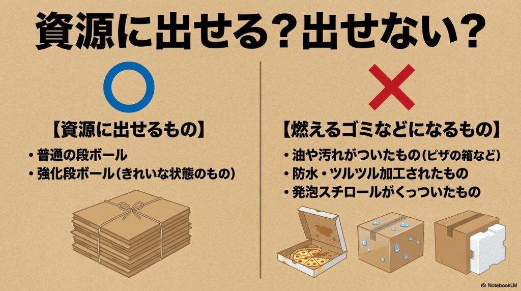 資源ゴミとして出せる段ボールと、汚れや加工により出せないものの分類ルール。