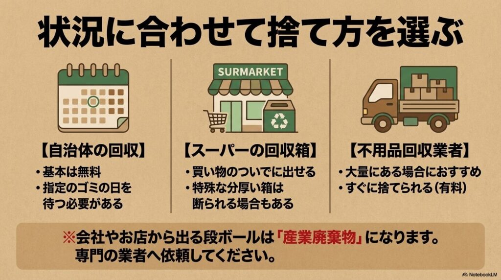 自治体、スーパー、不用品回収業者の3つの捨て方の特徴と使い分けの紹介。