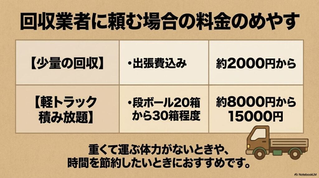 不用品回収業者に依頼する際の、少量回収と軽トラック積み放題の料金目安。