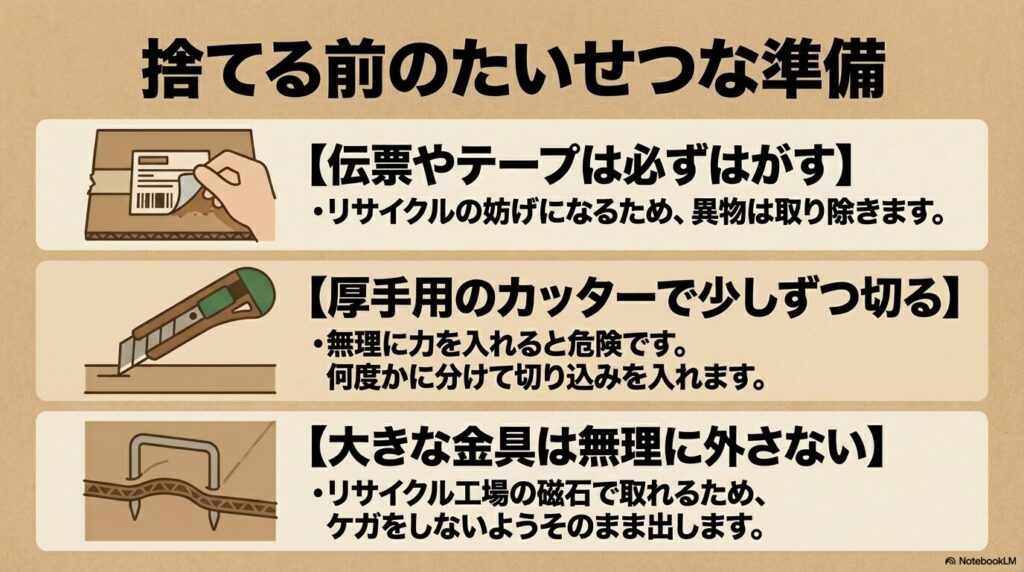 捨てる前の準備として、伝票剥がし、カッターでの解体、金具の扱いについての注意点。