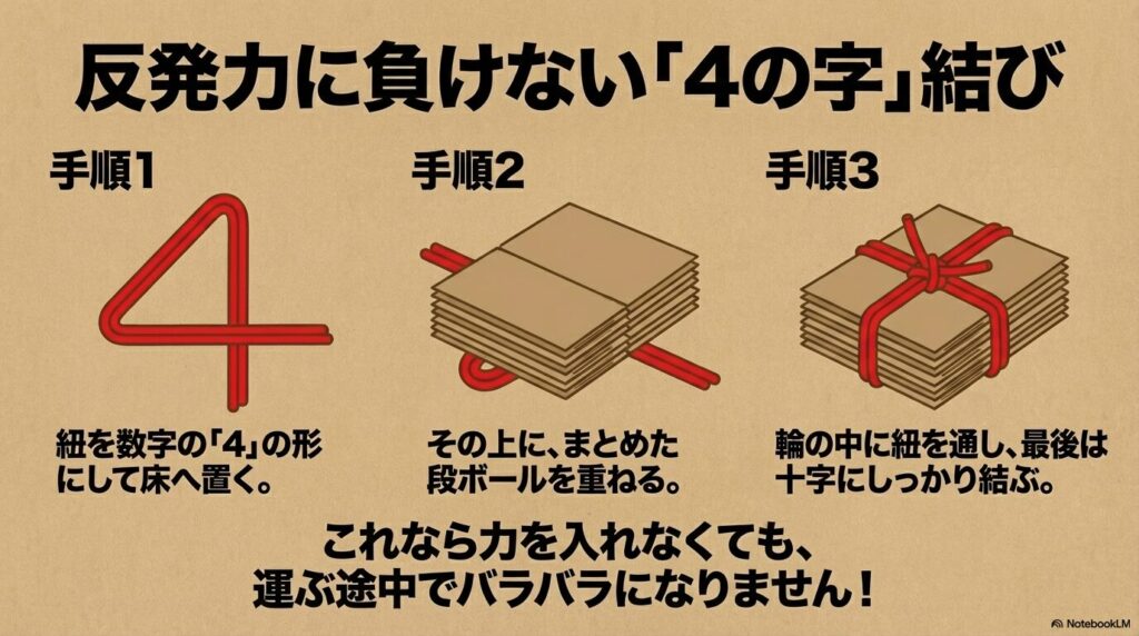 段ボールをしっかりまとめるための「4の字」結びの手順。
