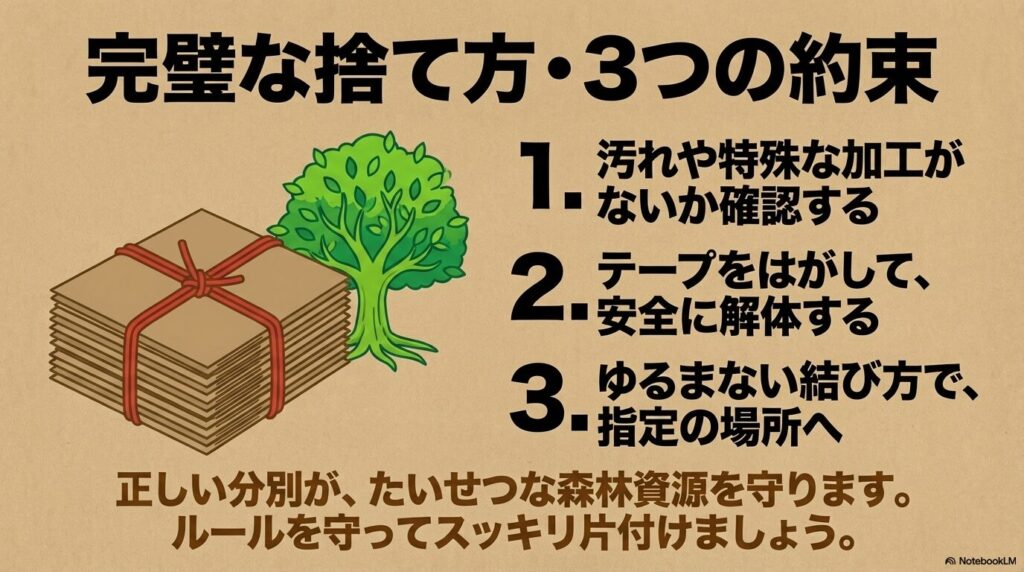 汚れの確認、安全な解体、正しい結び方の3つの重要ルールのまとめ。