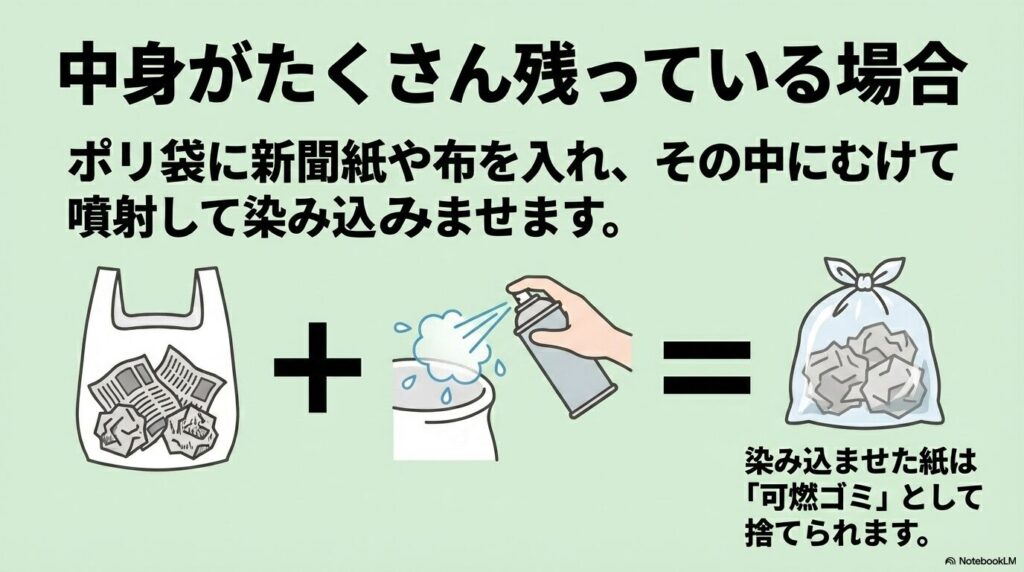 中身が多く残っている場合、新聞紙を入れたポリ袋に噴射して染み込ませ、可燃ゴミとして捨てる方法。
