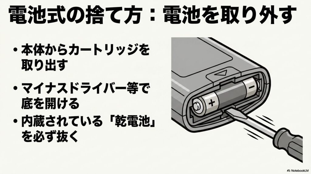 電池式の捨て方として、マイナスドライバーで底を開けて中から乾電池を必ず抜き取る手順の解説。