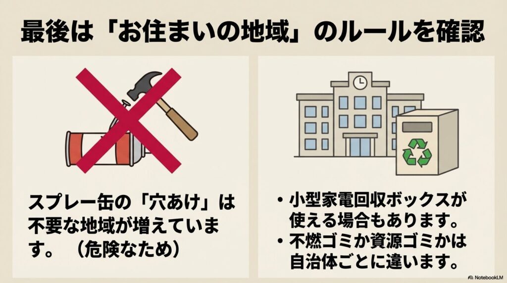 スプレー缶の穴あけの要否やゴミの分別ルールは、お住まいの自治体によって異なるため確認が必要。
