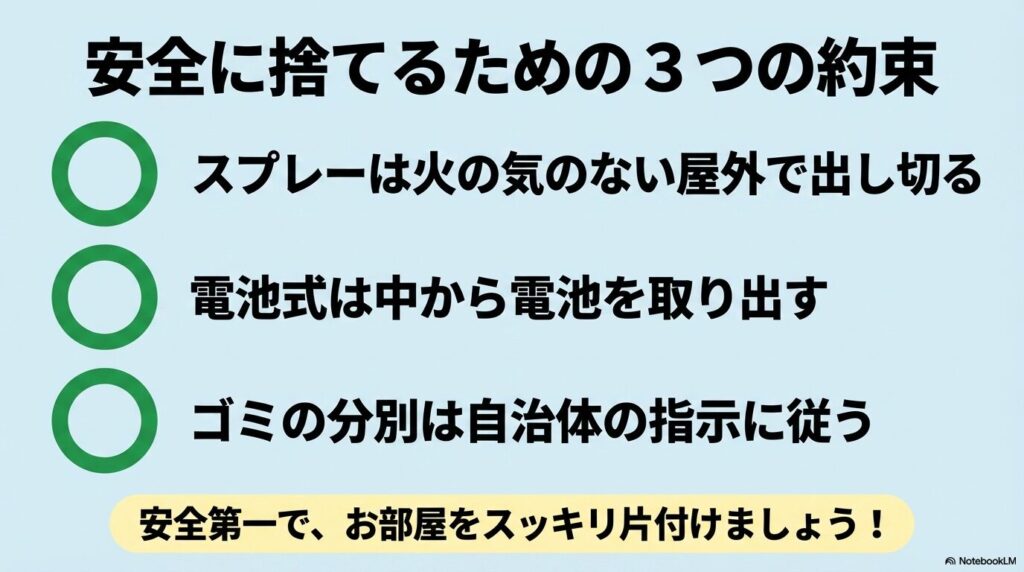 スプレーの出し切り、電池の取り外し、自治体ルールの遵守という、安全に捨てるための3つの約束。