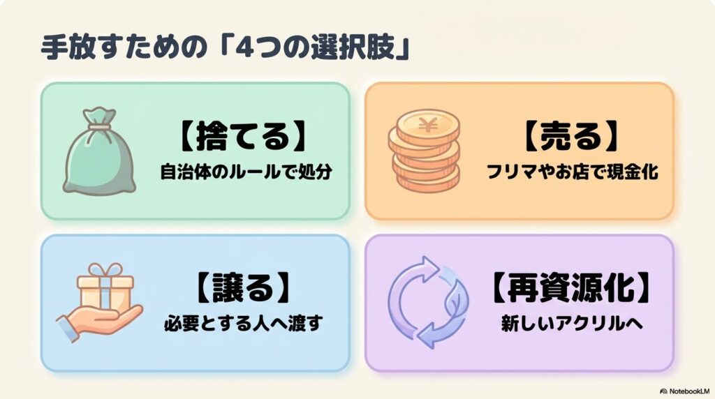 アクリルキーホルダーを手放すための「捨てる」「売る」「譲る」「再資源化」の4つの選択肢を紹介しています。