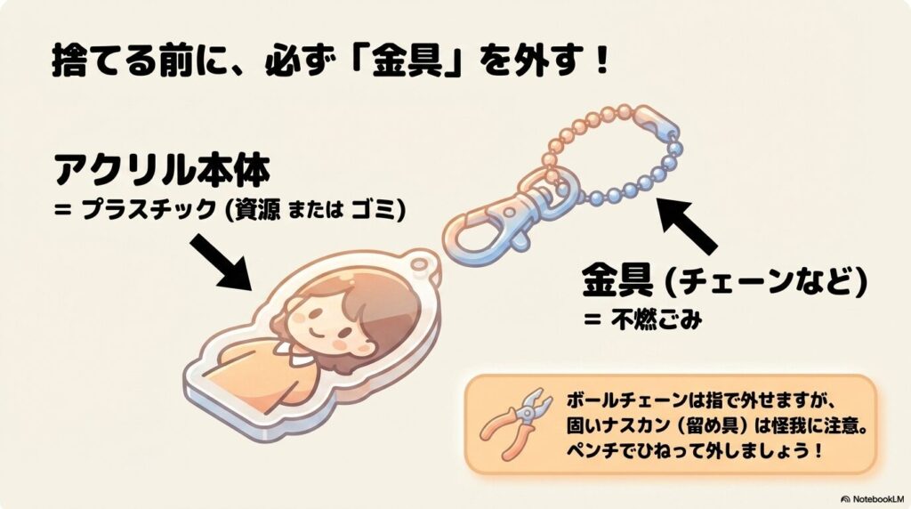 捨てる際の注意点として、アクリル本体と金属パーツを正しく分別する方法を説明しています。