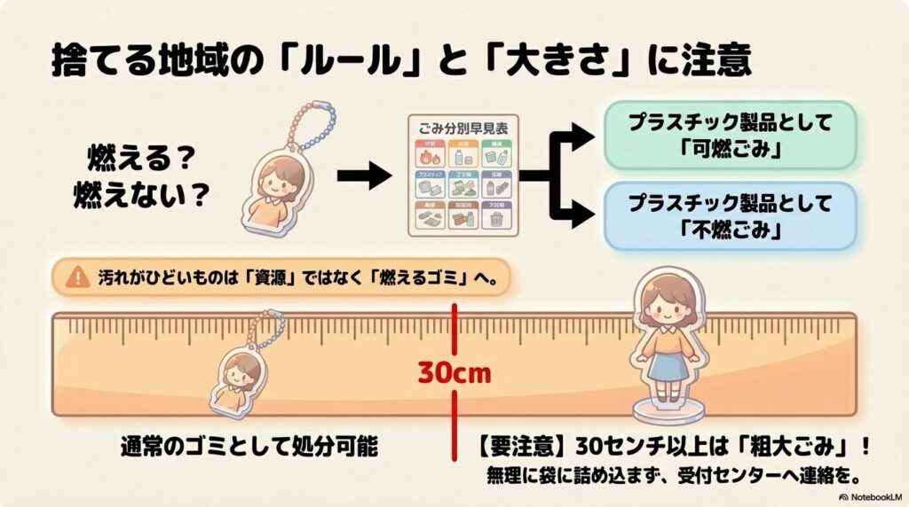 捨てる地域のルール確認と、30cm以上の場合は粗大ごみになるというサイズ制限について説明しています。