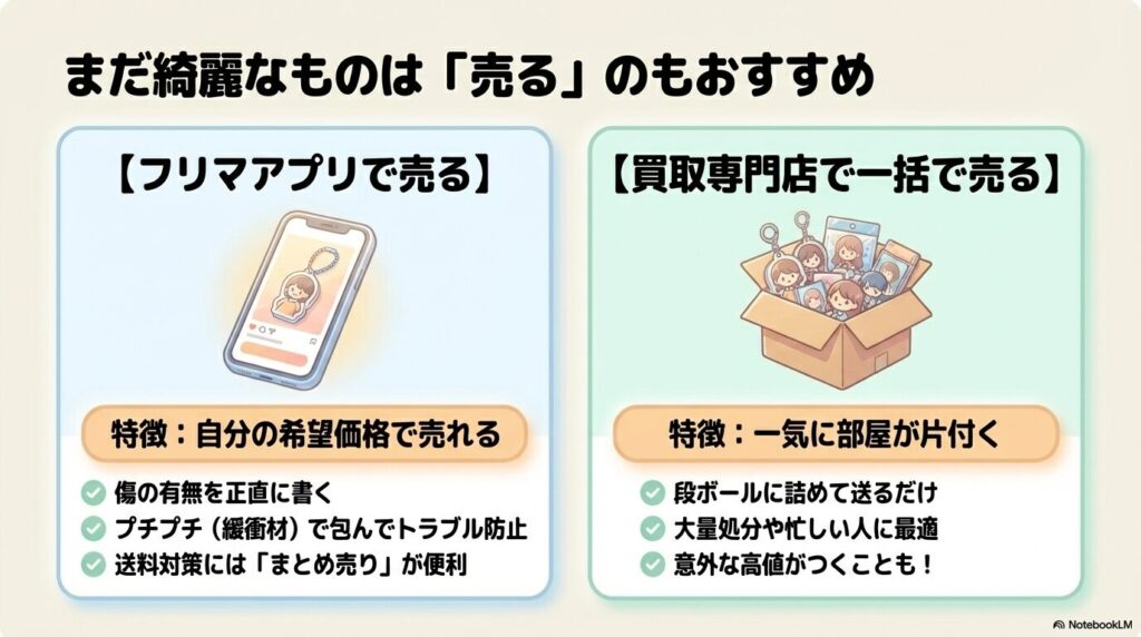 綺麗な状態のものを手放す方法として、フリマアプリと買取専門店のそれぞれの特徴を解説しています。