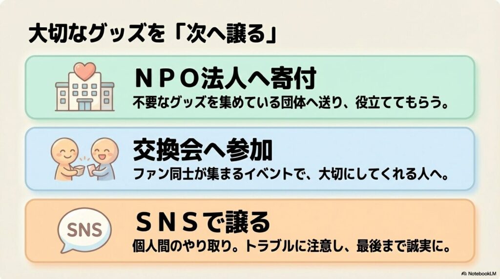 大切なグッズを次に繋げる方法として、寄付、交換会、SNSでの譲渡を紹介しています。