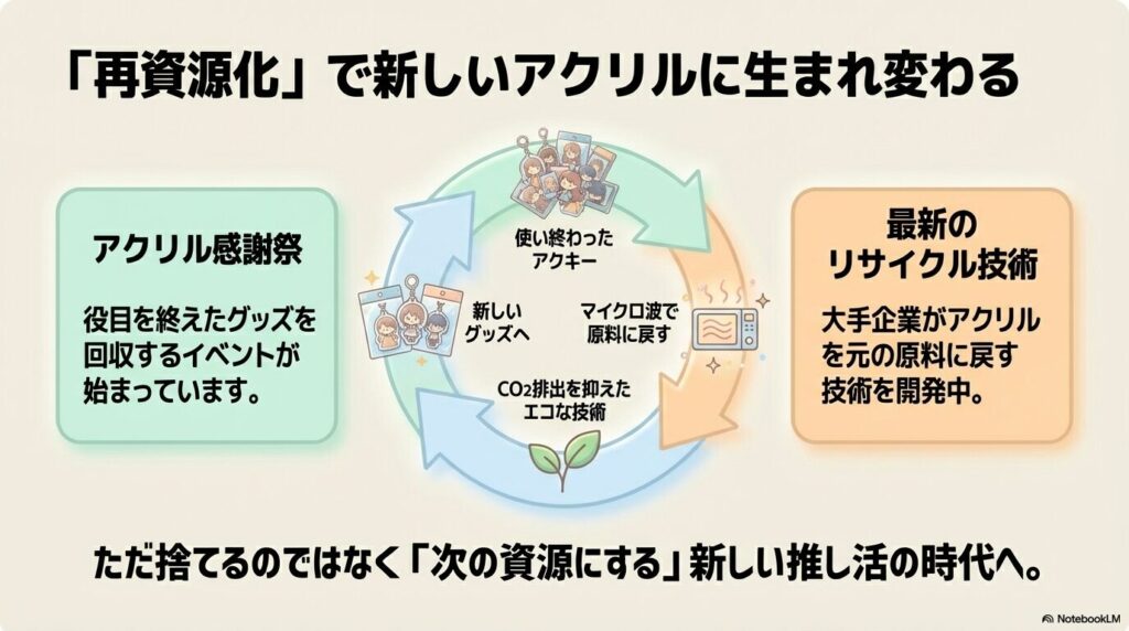 最新のリサイクル技術や回収イベントによるアクリルの再資源化サイクルについて解説しています。