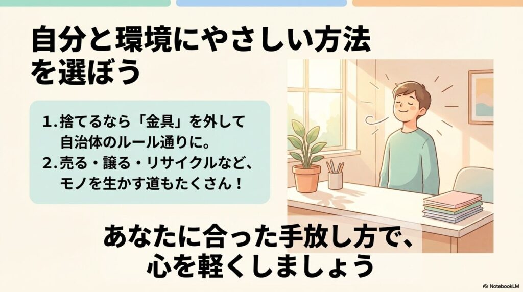 自分と環境に配慮した手放し方を選び、心を軽くすることを提案するまとめのページです。