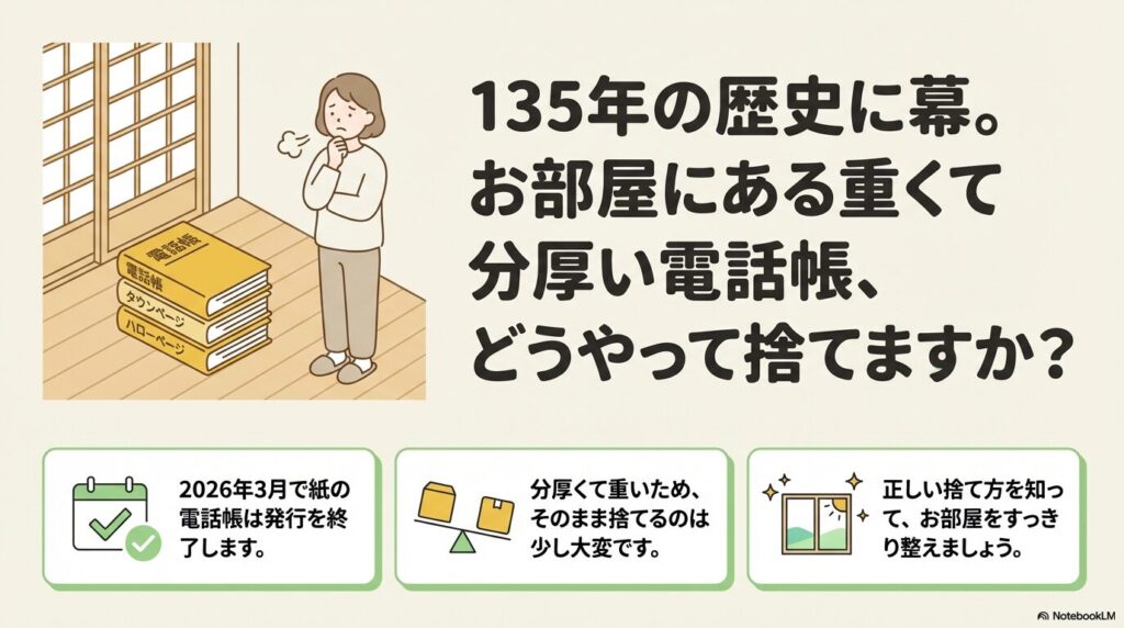 電話帳の発行終了を知らせ、重くて分厚い電話帳の処分と整理を促す導入スライド。