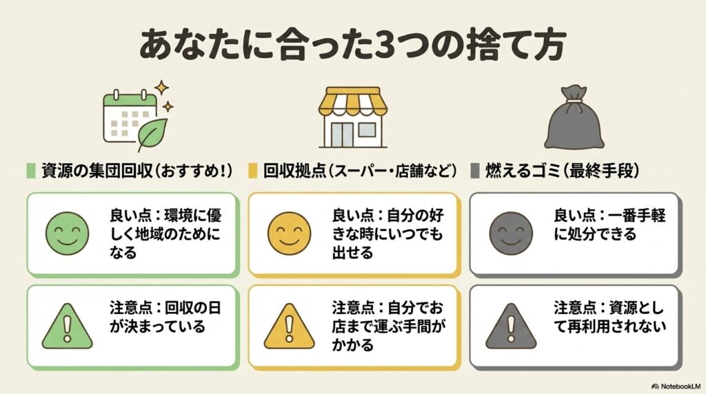 資源の集団回収、回収拠点、燃えるゴミという3つの捨て方のメリットと注意点の比較。