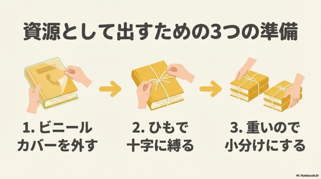 ビニールカバーの除去、ひもでの十字縛り、小分けにするという電話帳を資源として出す手順。